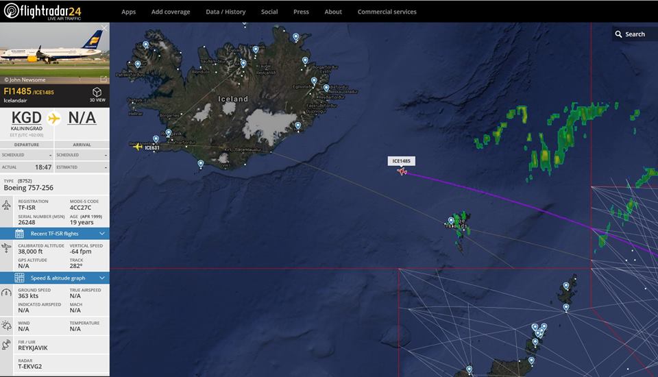 Icelandair Boeing 757-200 TF-ISR is delivering Icelandic national football team back to Iceland after World Cup 2018 // Source: Flightradar24
