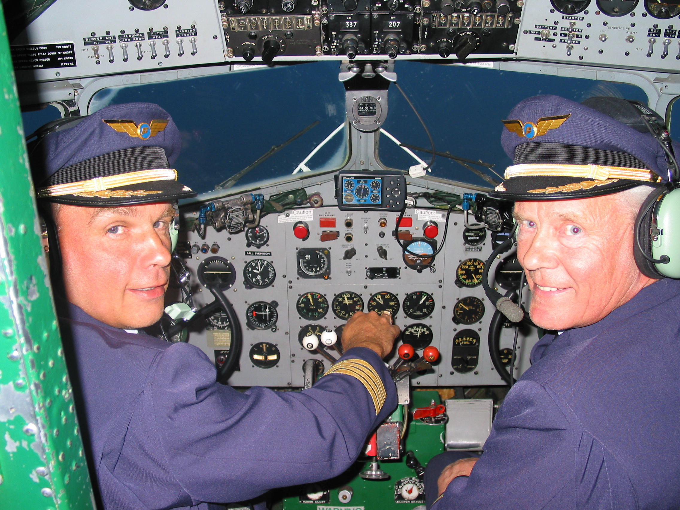 Tómas Dagur Helgason and Páll Stefánsson in DC-3 (TF-NPK) cockpit during flight from Stavanger to Keflavík // Source: Tómas Dagur Helgason