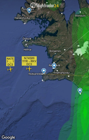 D-Day Squadron DC-3 N74589 and N47E arrival in Reykjavik // Source: Flightradar24