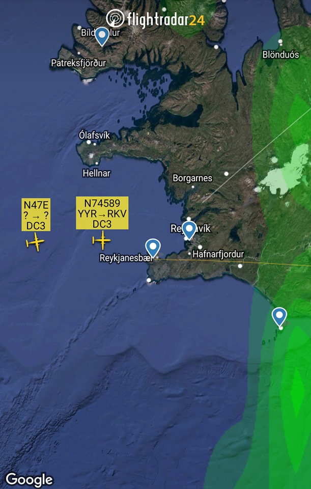 D-Day Squadron DC-3 N74589 and N47E arrival in Reykjavik // Source: Flightradar24