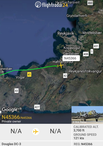 D-Day Squadron DC-3 N45366 arrival in Reykjavik // Source: Flightradar24