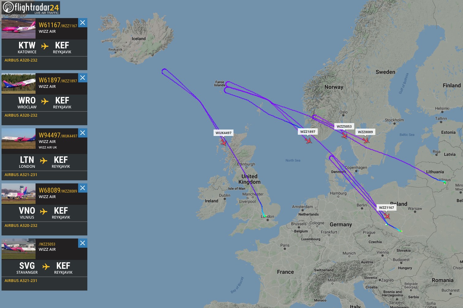 Five WizzAir flights diverted to airports of origin because of the accident in Keflavik // Source: Flightradar24