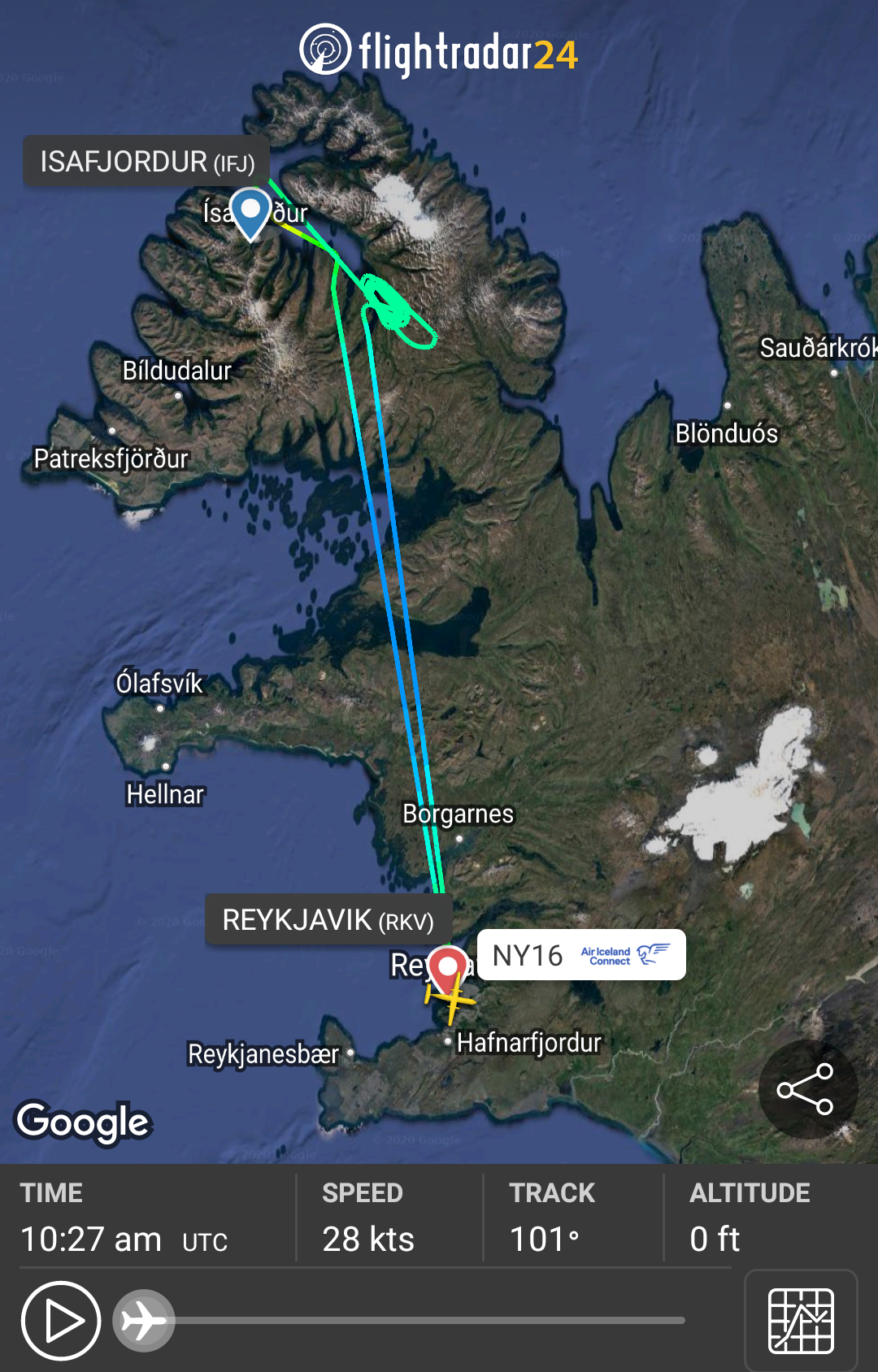 The flight path of Bombardier Dash 8 Q200 reg. TF-FXH, performing Air Iceland Connect flight FXI16 from Reykjavik to Ísafjörður // Source: Flightradar24