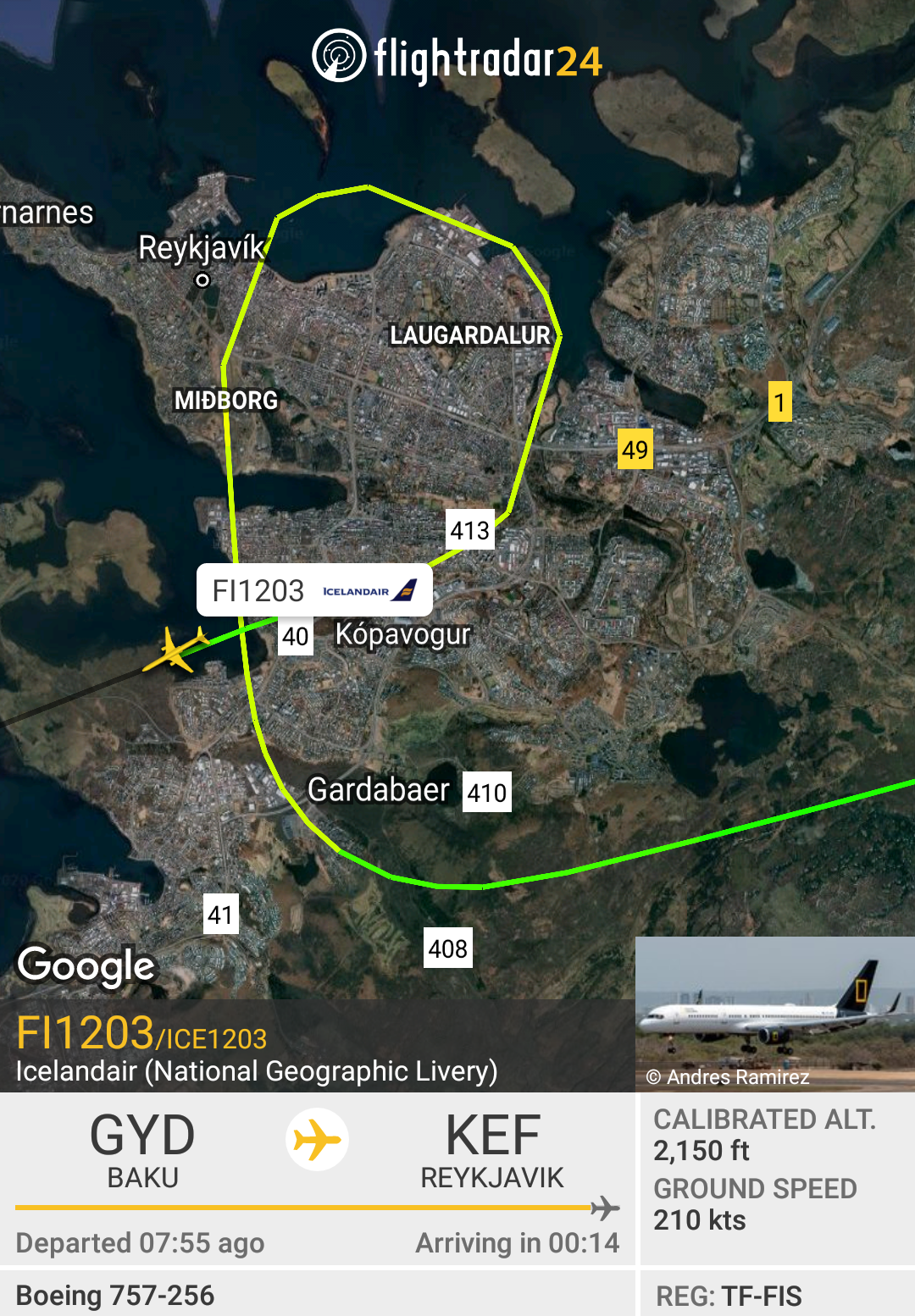 Icelandair Boeing 757-200 reg. TF-FIS with National Geographic livery over Reykjavik // Source: Flightradar24