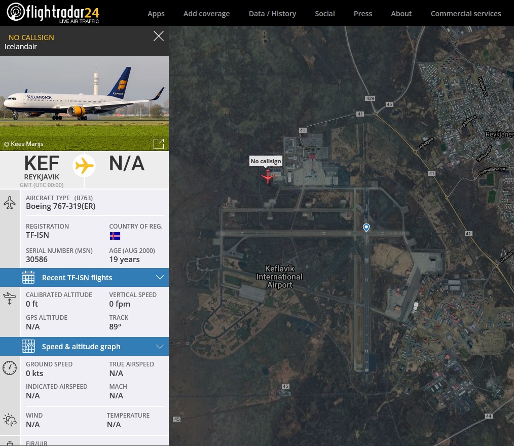 Icelandair Boeing 767 reg. TF-ISN in Keflavik // Source: Flightradar24