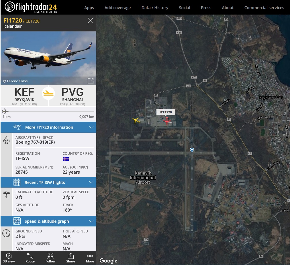 Icelandair Boeing 767 reg. TF-ISW has departed from Keflavik to pick up medical supplies // Source: Flightradar24