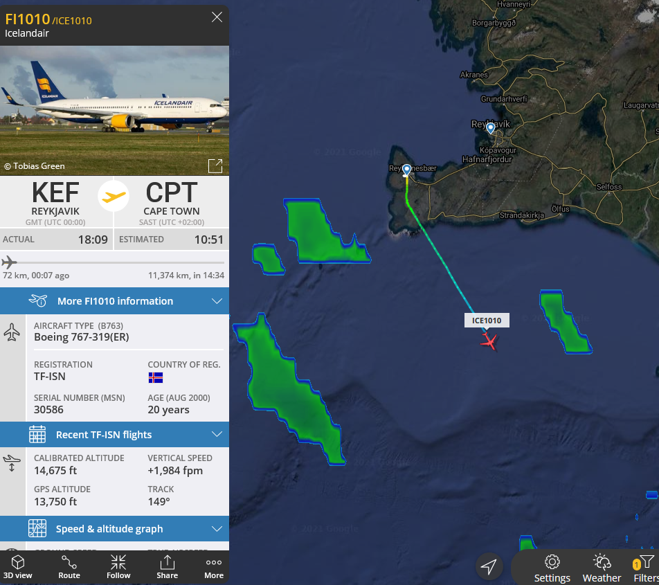 Icelandair Boeing 767 reg. TF-ISN has departed towards Antarctica on 24.February 2021 // Source: Flightradar24