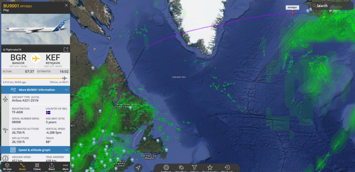 The delivery route of the first A321neo reg. TF-AEW for Play airline // Source: Flightradar24