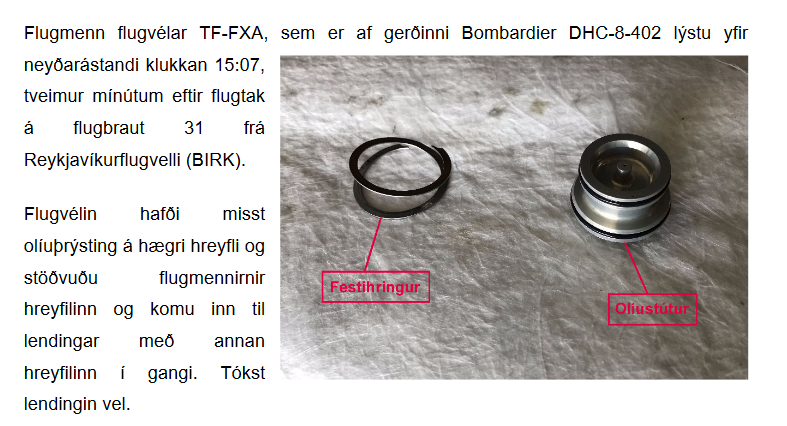 The fragment of RNSA investigation report when Air Iceland Connect Bombardier Dash 8 experienced engine shut down in flight in Reykjavik on 9.August 2018 // Source: RNSA