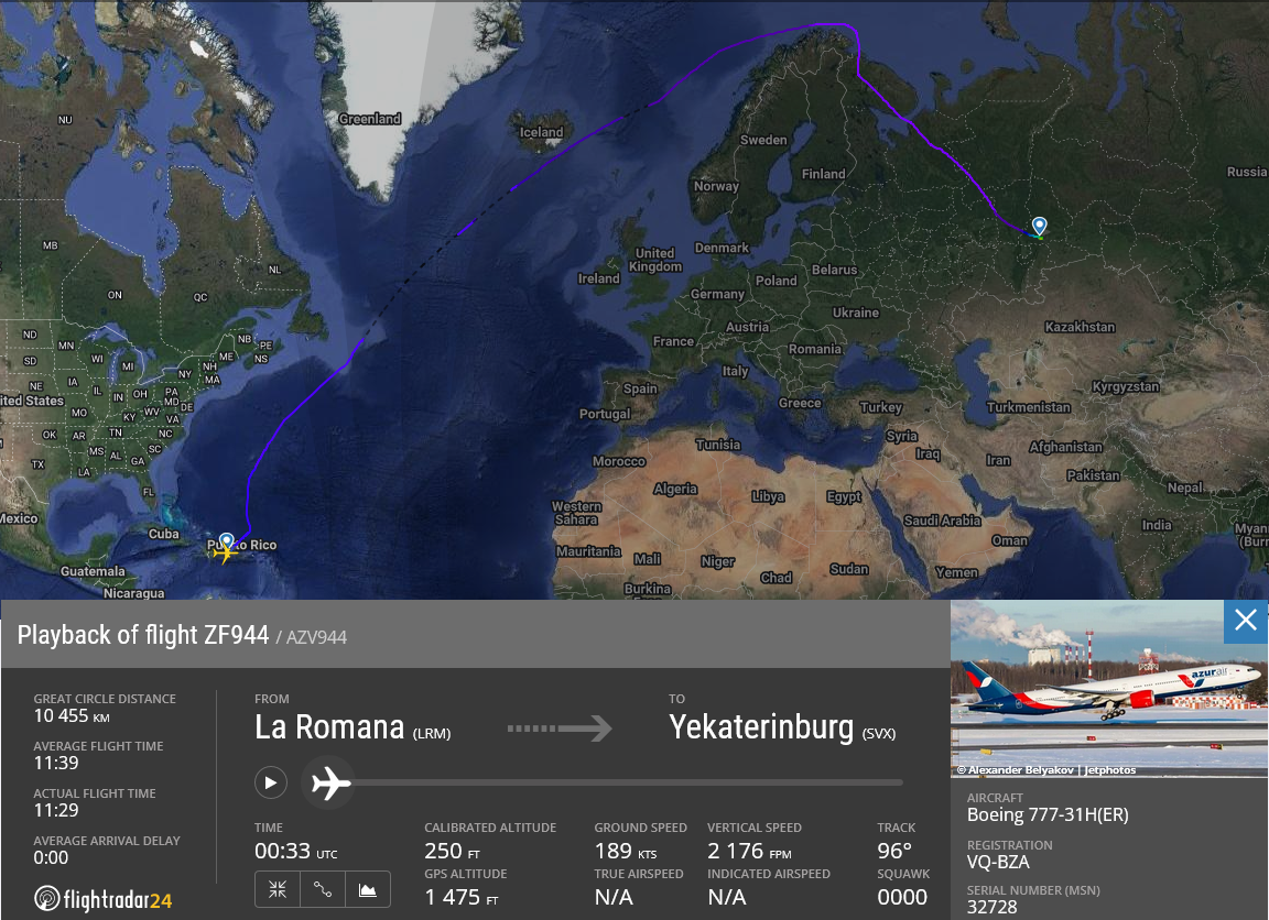 Track of Russian charter Azur Air flight AZV944 from Puerto Rico to Russia on 27.February 2022 // Source: Flightradar24