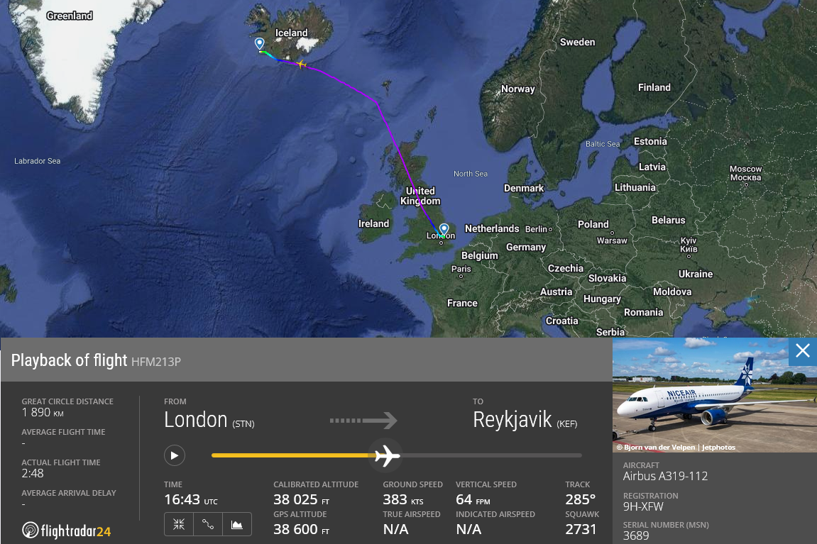 Niceair Airbus A319 reg. 9H-XFW flew from Stansted to Keflavik without passengers // Source: Flightradar24