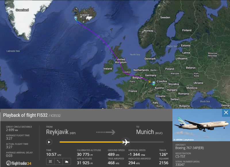 EuroAtlantic Airways Boeing 767-34PER reg. CS-TST performs first flight for Icelandair // Source: Flightradar24