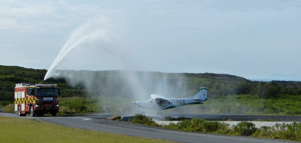 The water arc in Heiði to celebrate the delivery of the new aircraft // Source: Óli Öder Magnusson