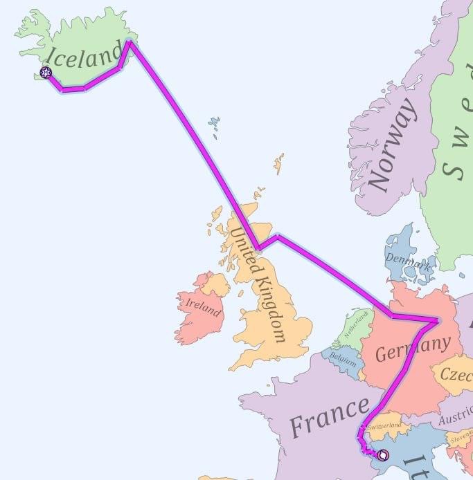 The whole route of two ferried ICP Savannah S from Italy to Iceland // Source: Óli Öder Magnusson