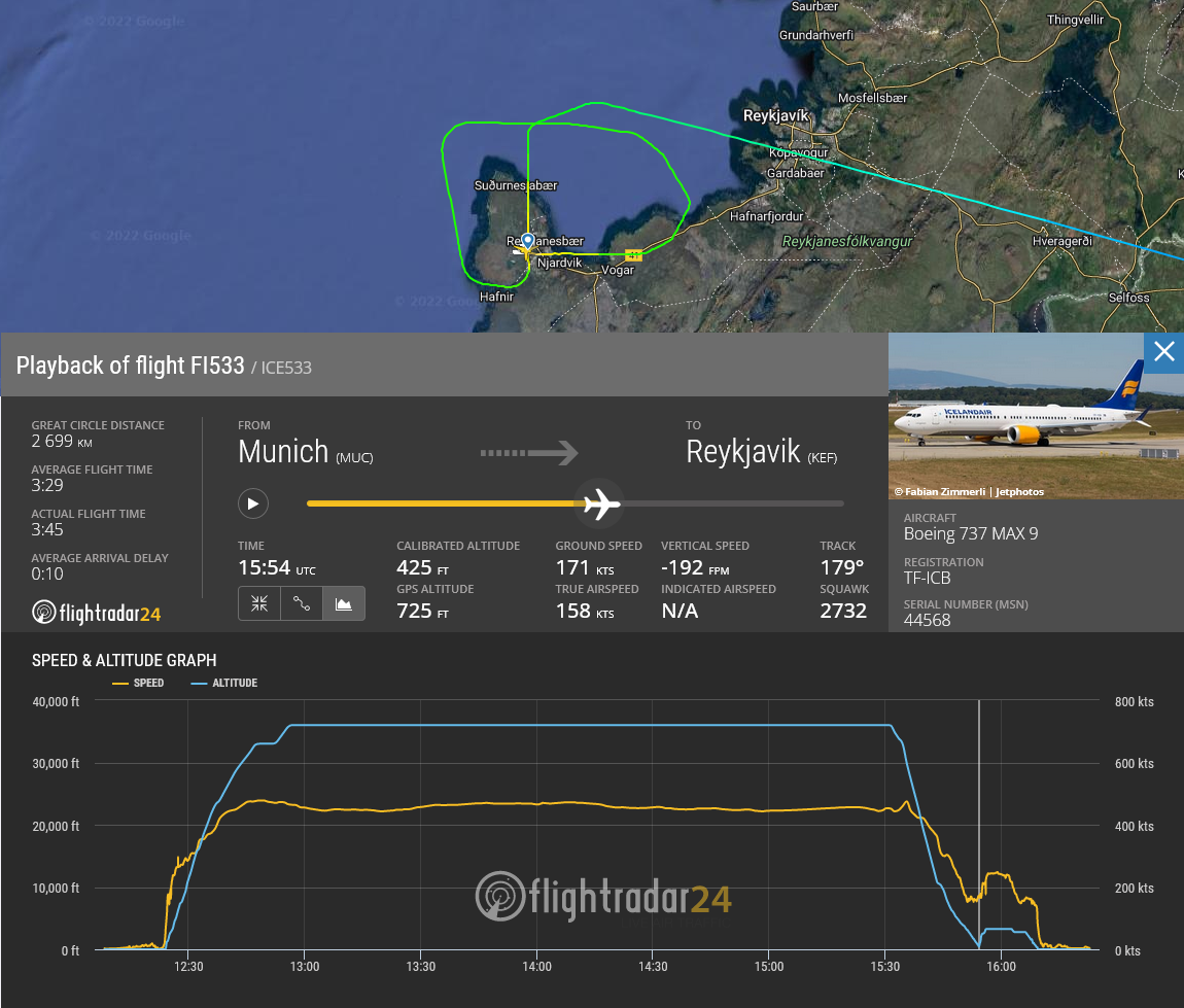 The lowes altitude of ICE533 was 425 feet in Keflavik // Source: Flightradar24