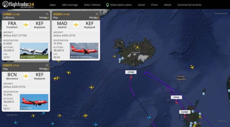 Planes flying to Keflavik are diverting to other airports // Source: Flightradar24