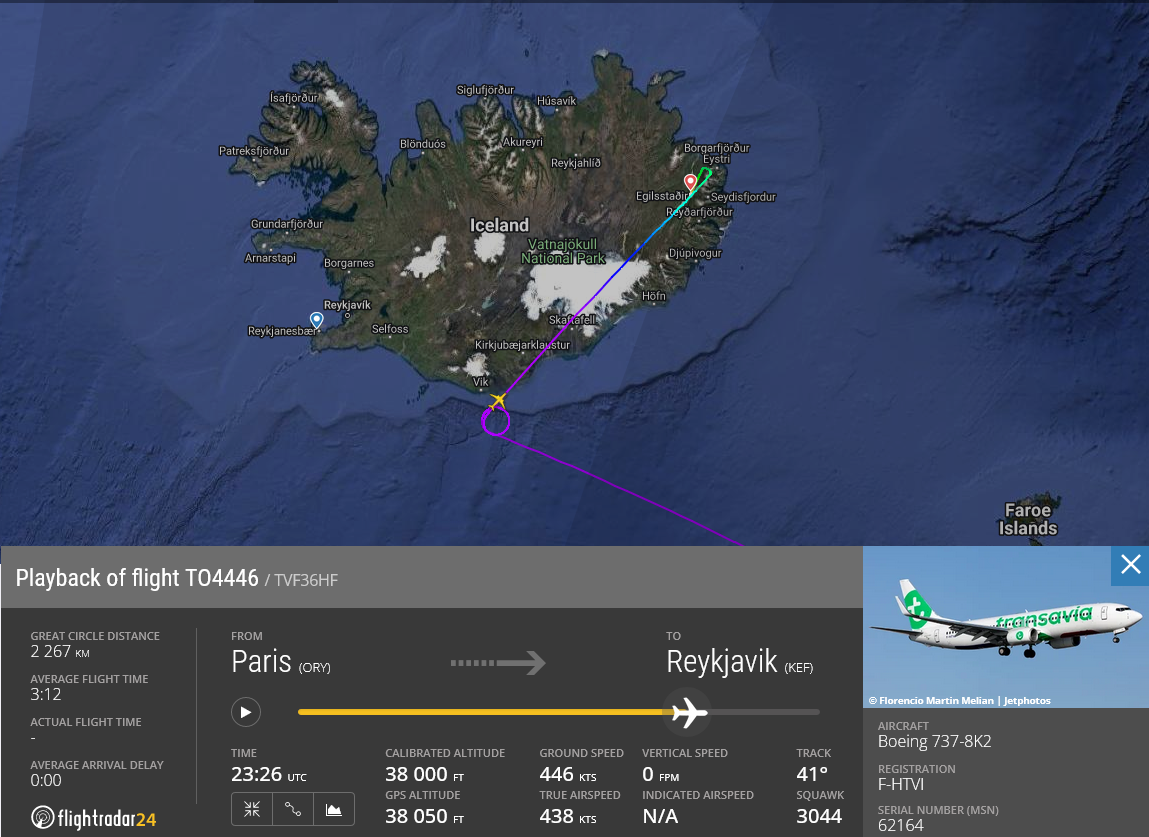 Boeing 737-800 with registration F-HTVI, performing Transavia flight TVF36HF from Paris to Keflavik, diverted to Egilsstaðir // Source: Flightradar24
