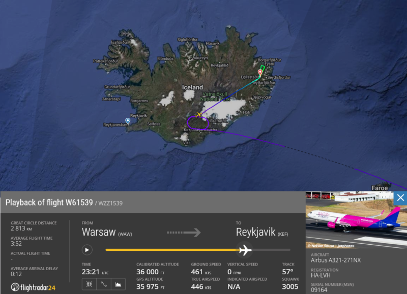 Airbus A321 with registration HA-LVH, performing WizzAir flight WZZ1539 from Warsaw to Keflavik, diverted to Egilsstaðir // Source: Flightradar24