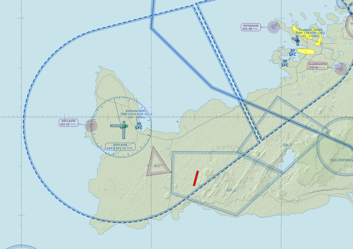 The aproximate location of the lava eruption in Iceland in December 2023 // Source: Skyvector.com