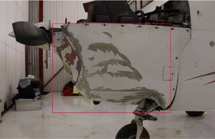 Visible damage of nose part of Cessna 172 TF-ABB after breaking the thin ice on the surface of the lake // Source: RNSA